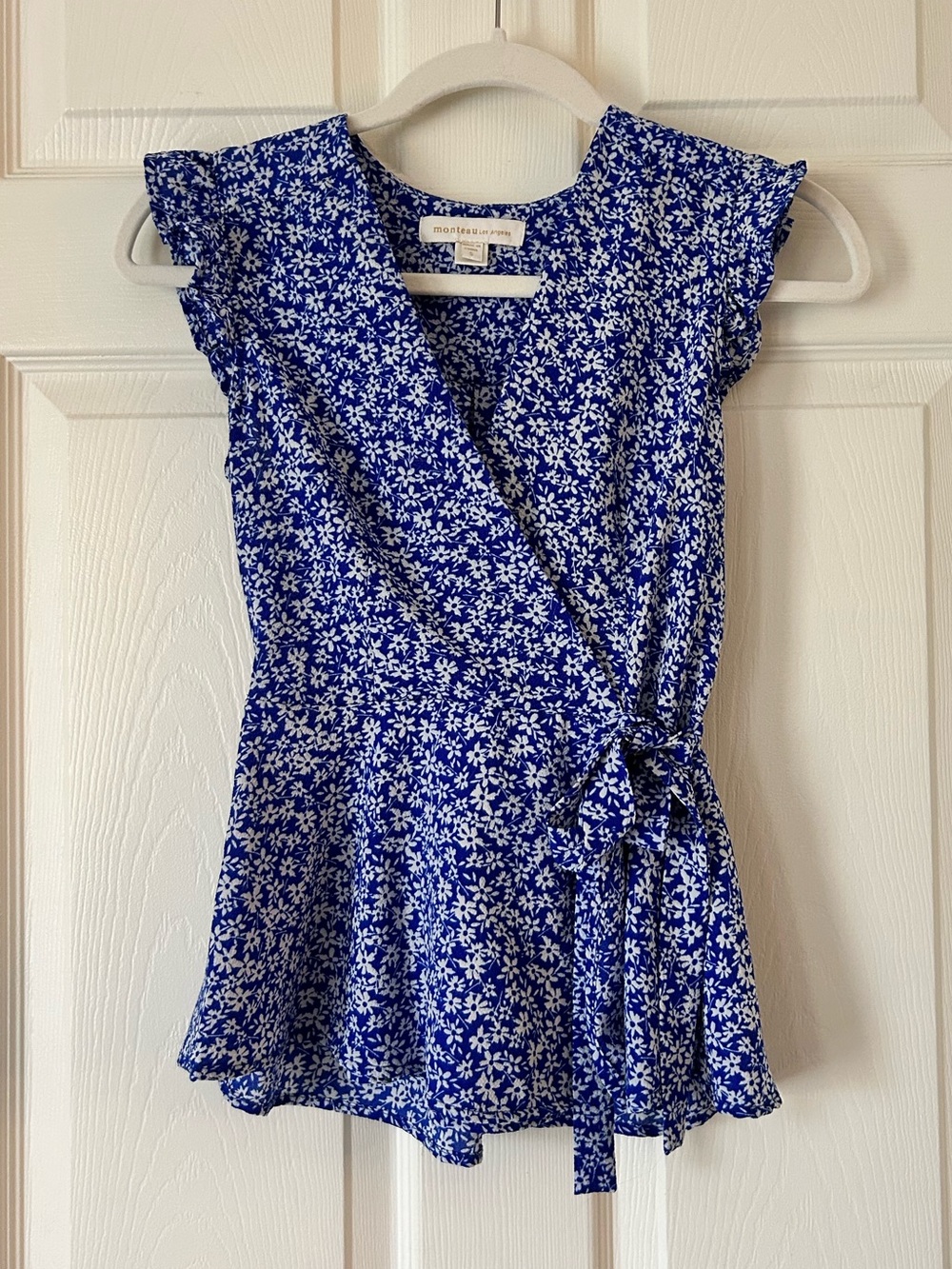 Monteau Royal Blue Floral Wrap Tie Waist Peplum Blouse Women's Size S